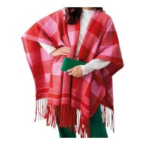 Shiraleah Callie Cape in Red Blanket-Like Layering Piece Fringe Cozy Boho OS